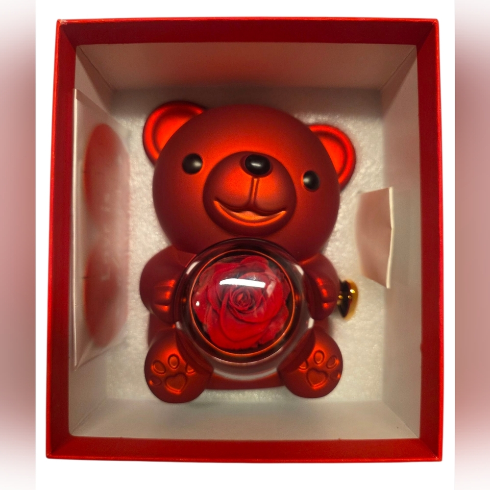 Romantic Teddy Bear with Preserved Red Rose, a Necklace, Gift box, Gift Bag